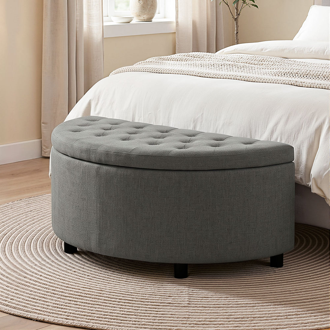 Artiss Storage Ottoman Bench Linen Fabric Tufted Half Round Footstool Grey-Furniture > Living Room > Ottomans &amp; Footstools-PEROZ Accessories