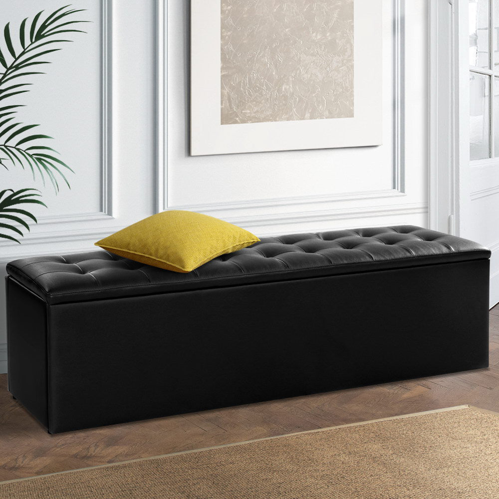 Artiss Storage Ottoman Blanket Box 140cm Leather Black-Ottomans-PEROZ Accessories