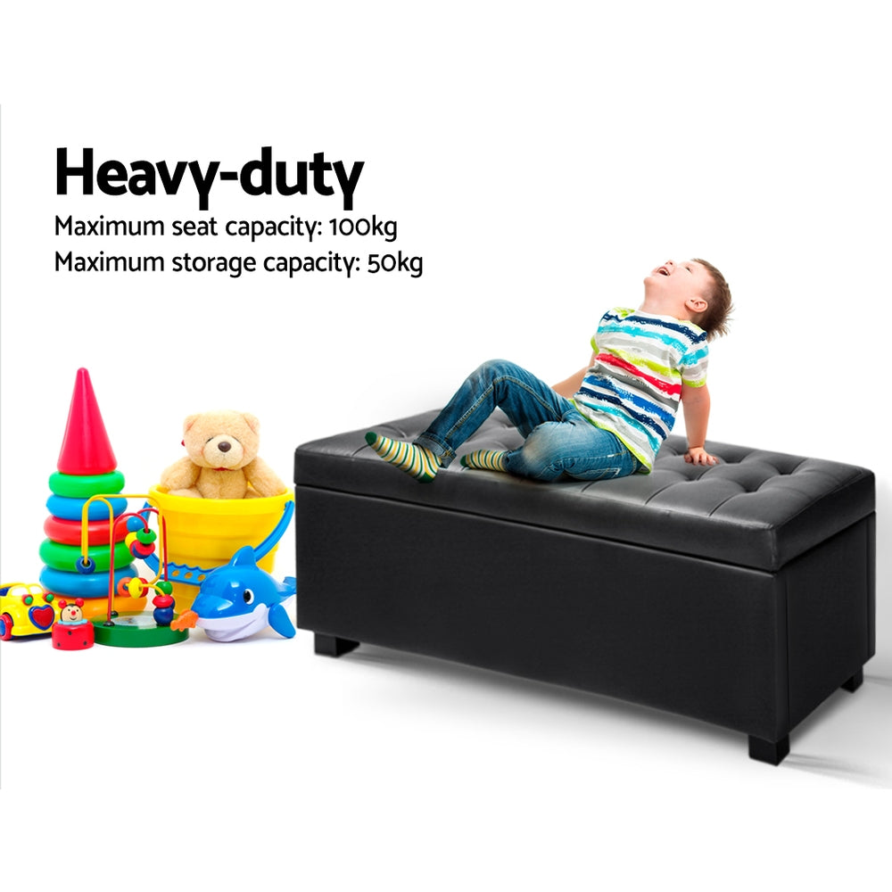 Artiss Storage Ottoman Blanket Box 97cm Leather Black-Furniture &gt; Bedroom-PEROZ Accessories