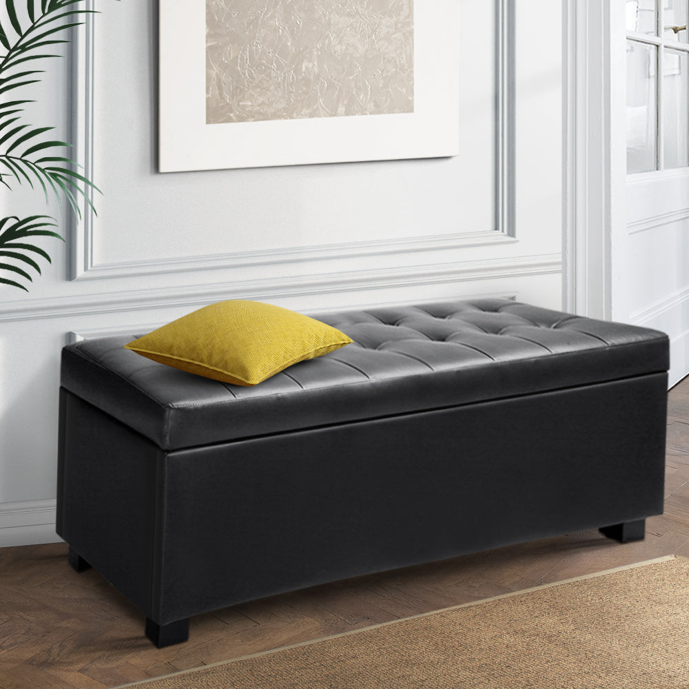 Artiss Storage Ottoman Blanket Box 97cm Leather Black-Furniture &gt; Bedroom-PEROZ Accessories