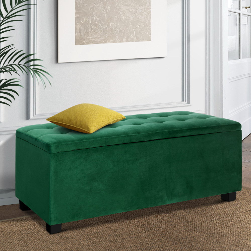 Artiss Storage Ottoman Blanket Box 97cm Velvet Green-Ottomans-PEROZ Accessories
