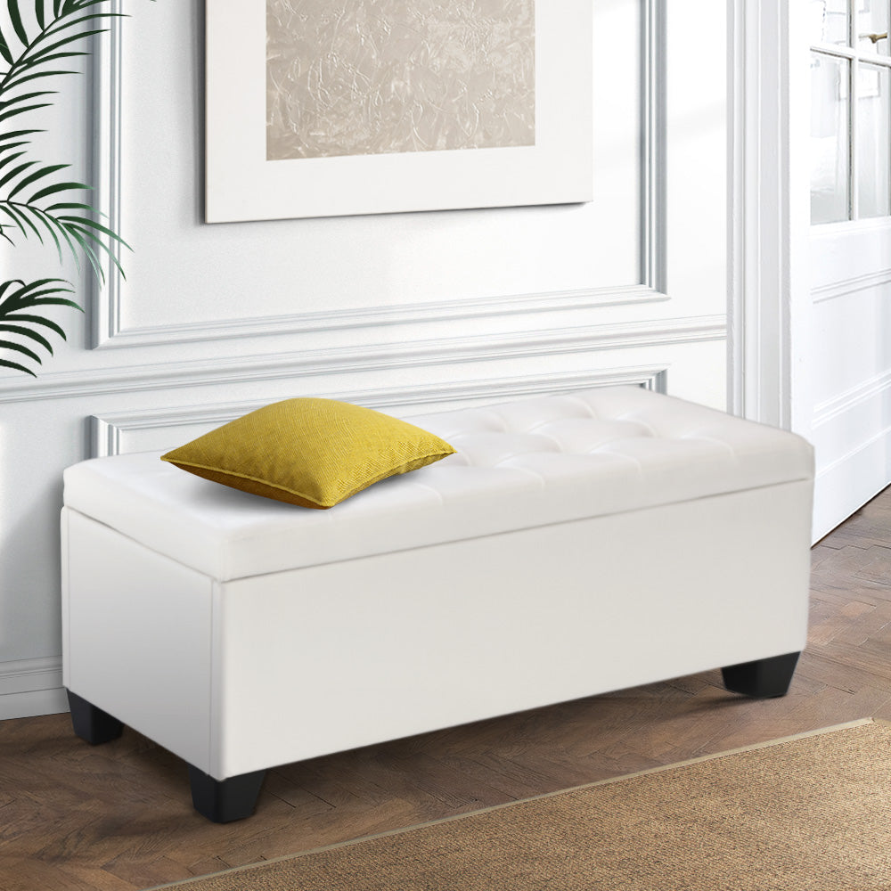 Artiss Storage Ottoman Blanket Box 97cm Leather White-Ottomans-PEROZ Accessories