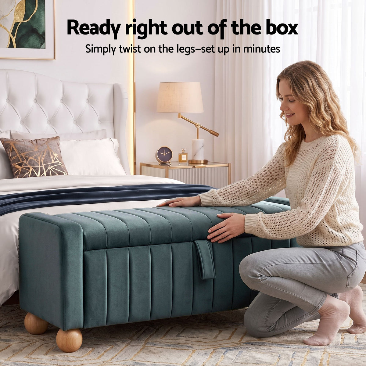 Artiss Storage Ottoman Bench Velvet Blanket Box Stool Footrest Ball Feet Green