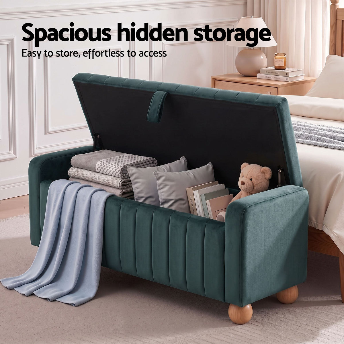 Artiss Storage Ottoman Bench Velvet Blanket Box Stool Footrest Ball Feet Green