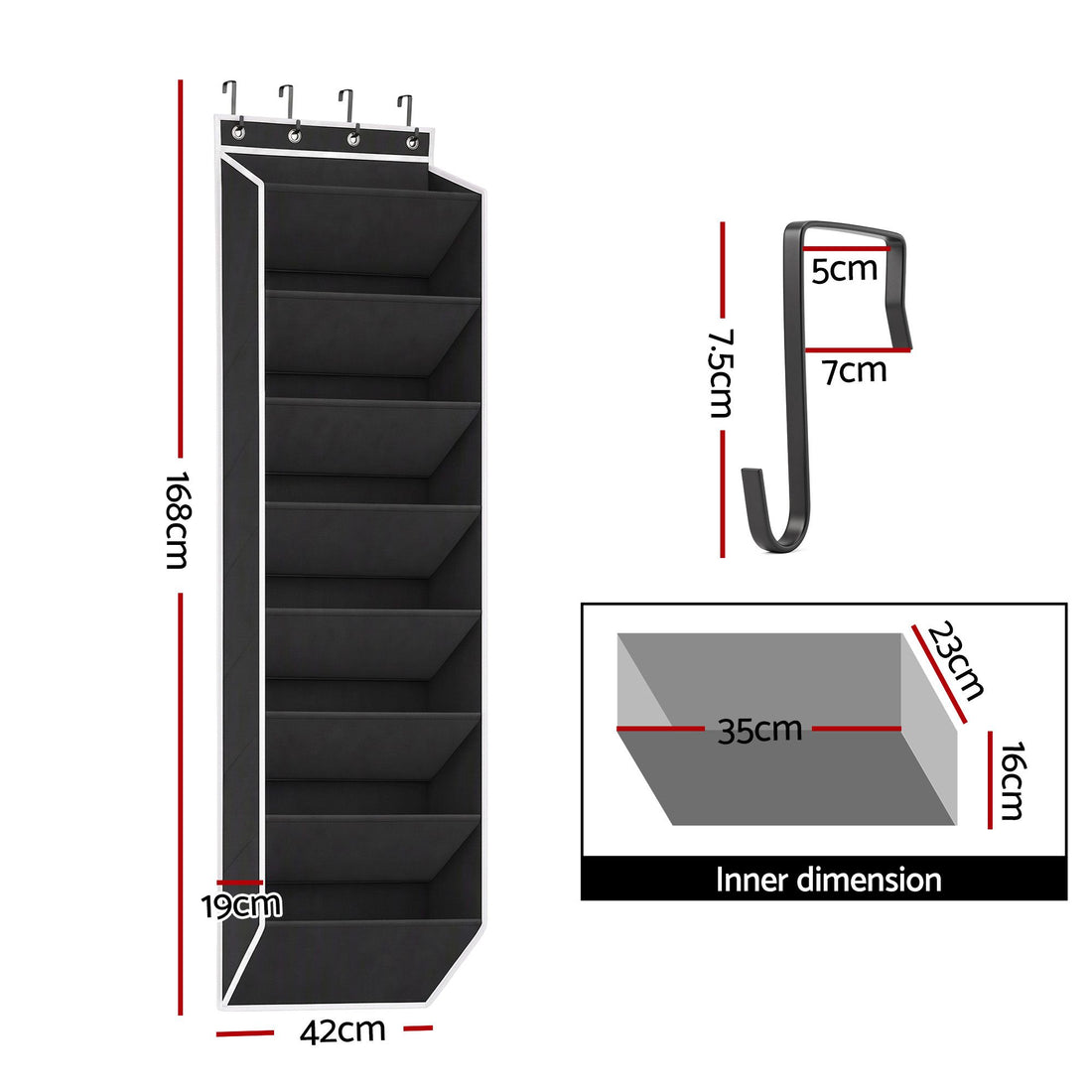 Artiss Over Door Shoe Organiser Storage 8-Tier Pantry Hanger Rack Fabric Black-Furniture > Living Room > Shoe Storage-PEROZ Accessories