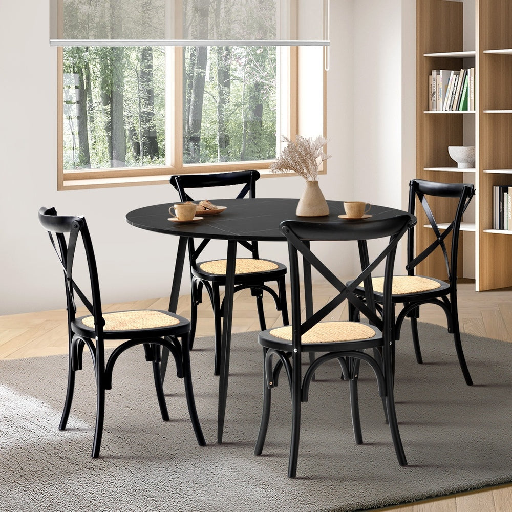 Oikiture 110cm Round Dining Table with 4PCS Dining Chairs Birch Timber Black-Dining Set-PEROZ Accessories