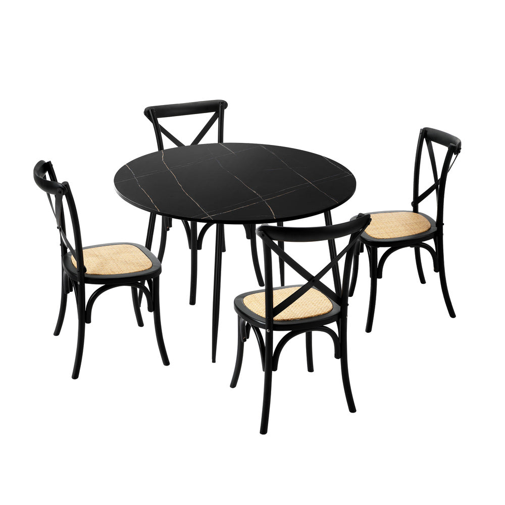 Oikiture 110cm Round Dining Table with 4PCS Dining Chairs Birch Timber Black-Dining Set-PEROZ Accessories