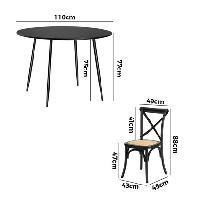 Oikiture 110cm Round Dining Table with 4PCS Dining Chairs Birch Timber Black-Dining Set-PEROZ Accessories