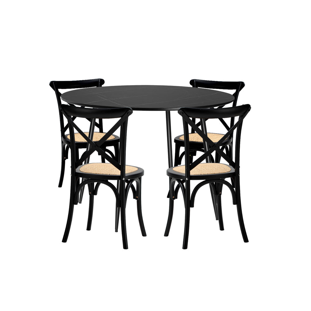 Oikiture 110cm Round Dining Table with 4PCS Dining Chairs Birch Timber Black-Dining Set-PEROZ Accessories