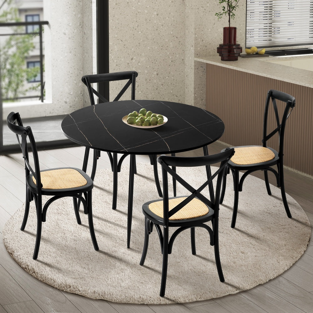 Oikiture 110cm Round Dining Table with 4PCS Dining Chairs Birch Timber Black-Dining Set-PEROZ Accessories