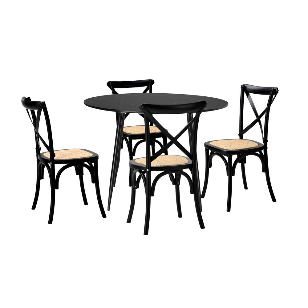 Oikiture 110cm Round Dining Table with 4PCS Dining Chairs Birch Timber Black-Dining Set-PEROZ Accessories