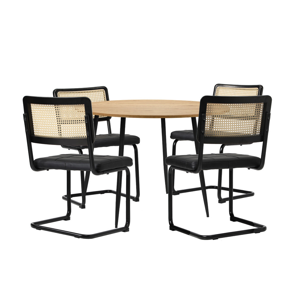 Oikiture 110cm Round Dining Table with 4PCS Dining Chairs Leather Black-Dining Set-PEROZ Accessories