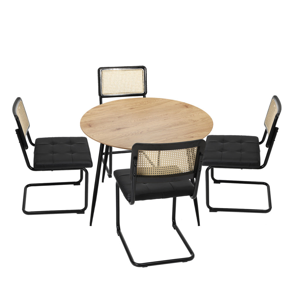 Oikiture 110cm Round Dining Table with 4PCS Dining Chairs Leather Black-Dining Set-PEROZ Accessories