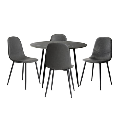 Oikiture 110cm Round Dining Table with 4PCS Dining Chairs PU Grey &amp; Black-Dining Set-PEROZ Accessories