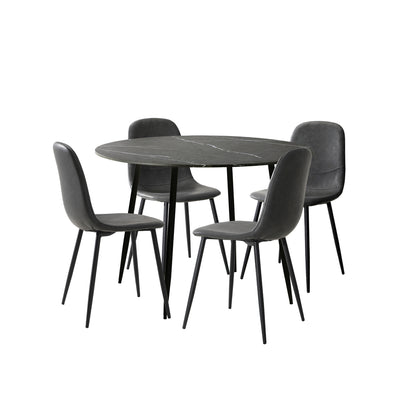 Oikiture 110cm Round Dining Table with 4PCS Dining Chairs PU Grey &amp; Black-Dining Set-PEROZ Accessories