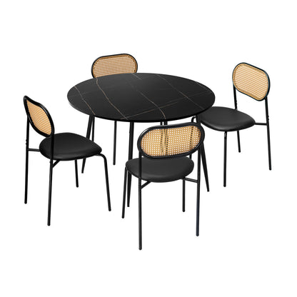 Oikiture 110cm Round Dining Table with 4PCS Dining Chairs PU Leather Black-Dining Set-PEROZ Accessories