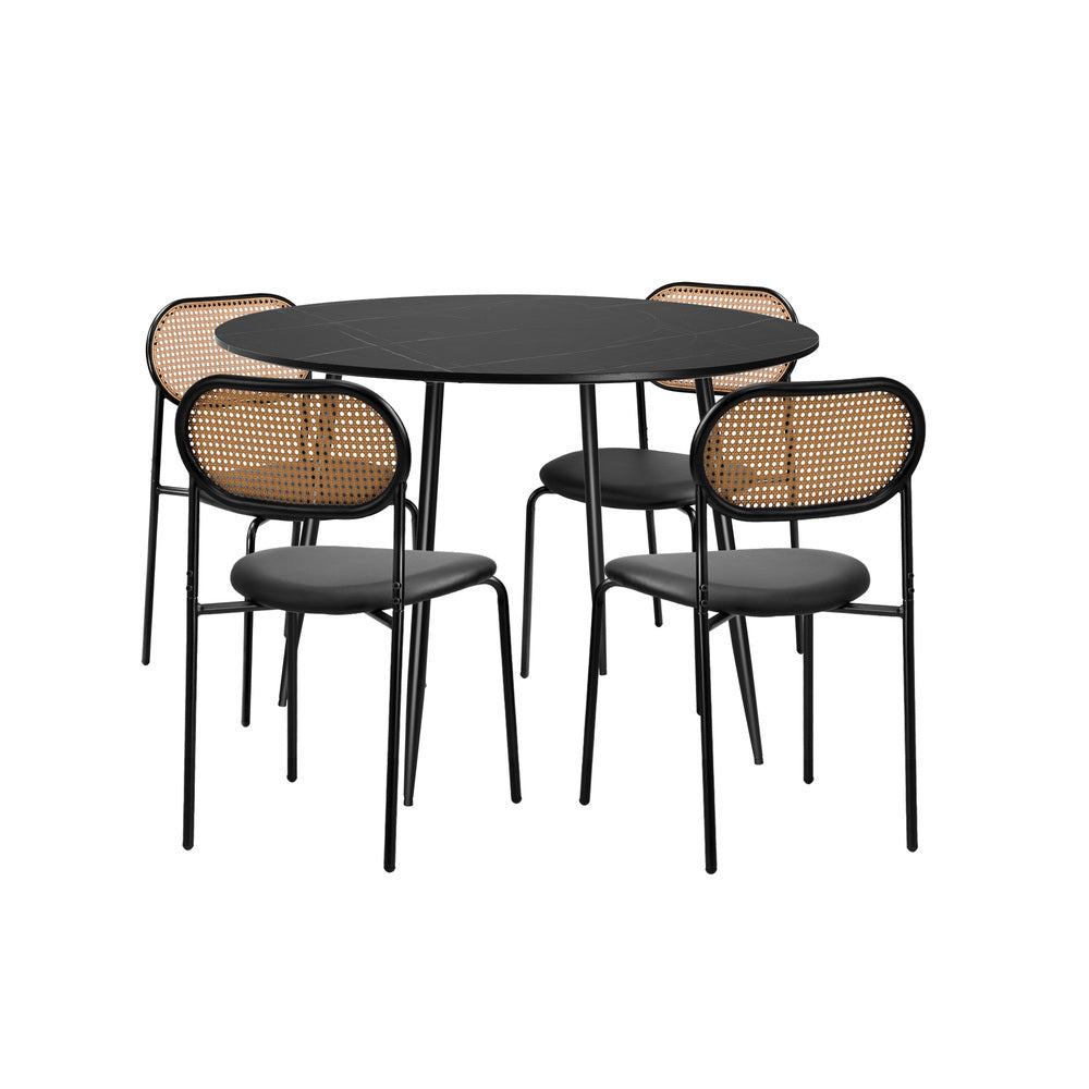 Oikiture 110cm Round Dining Table with 4PCS Dining Chairs PU Leather Black-Dining Set-PEROZ Accessories