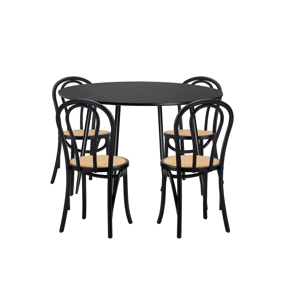 Oikiture 110cm Round Dining Table with 4PCS Dining Chairs Solid Wooden Black-Dining Set-PEROZ Accessories