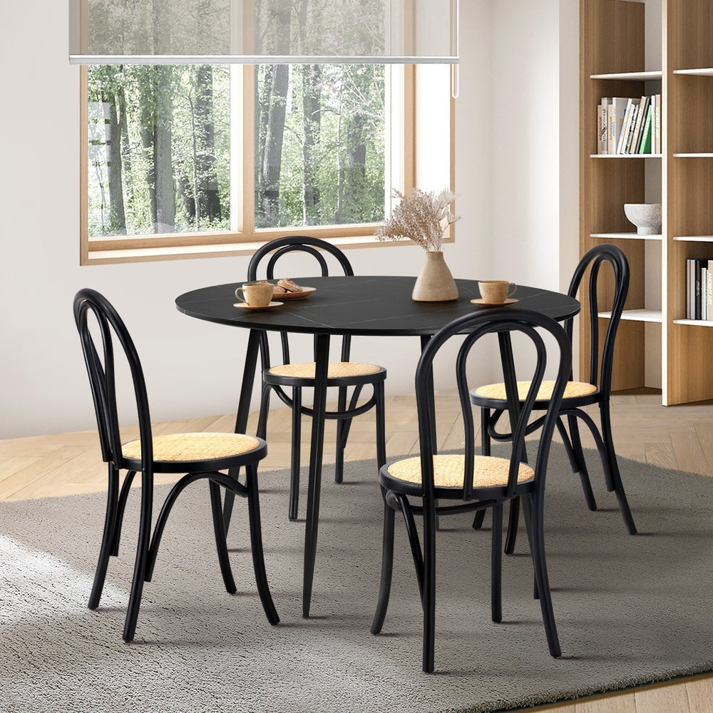 Oikiture 110cm Round Dining Table with 4PCS Dining Chairs Solid Wooden Black-Dining Set-PEROZ Accessories