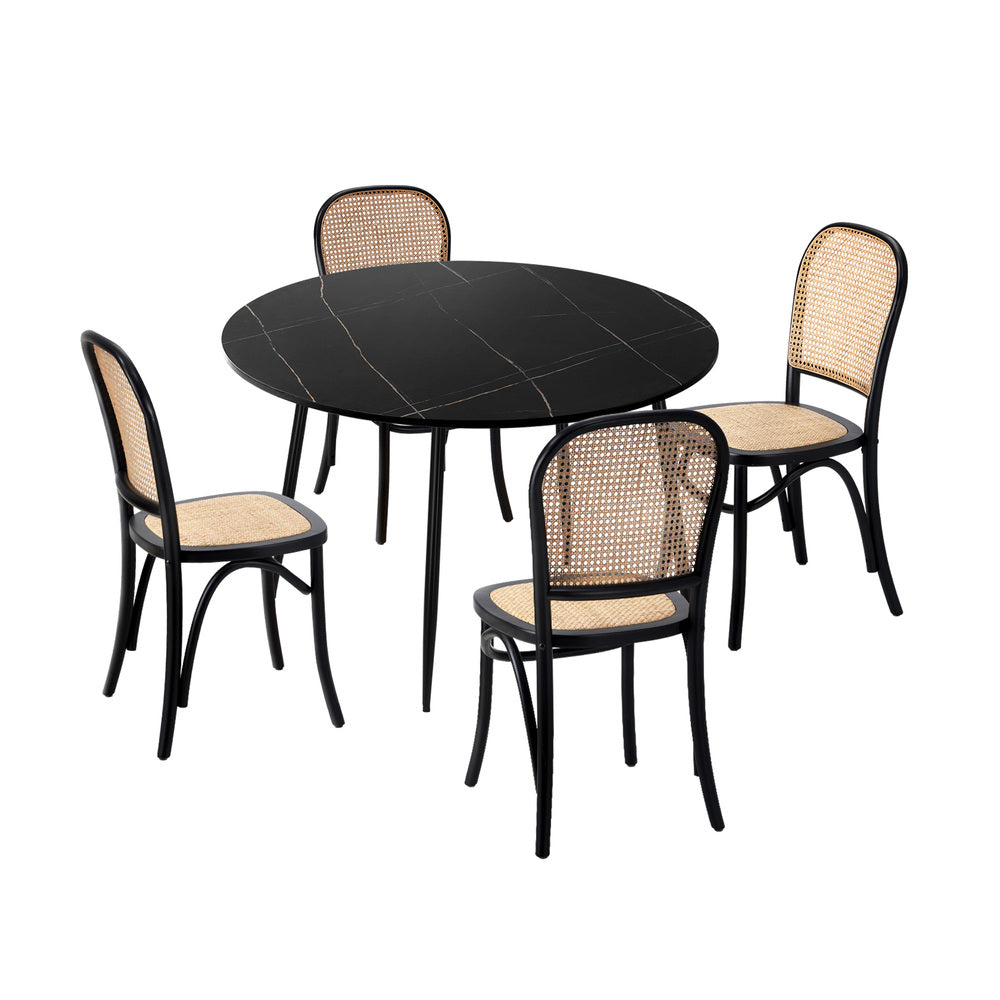 Oikiture 110cm Round Dining Table with 4PCS Dining Chairs Wooden Black-Dining Set-PEROZ Accessories