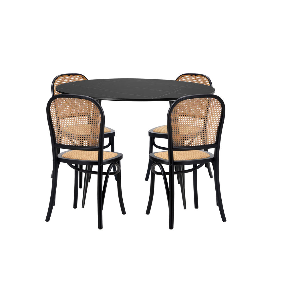 Oikiture 110cm Round Dining Table with 4PCS Dining Chairs Wooden Black-Dining Set-PEROZ Accessories