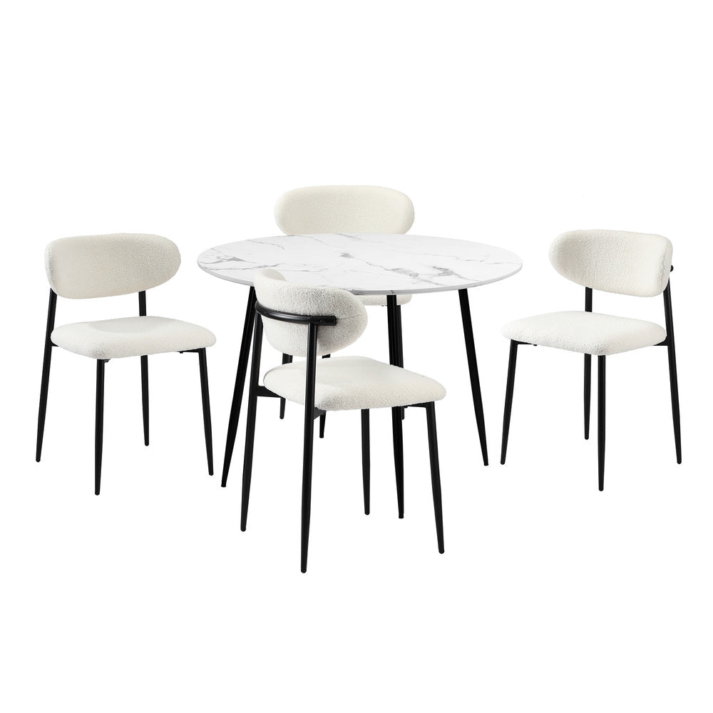 Oikiture 110cm Round Dining Table with 4x Dining Chairs Boucle Black &amp; White-Dining Set-PEROZ Accessories