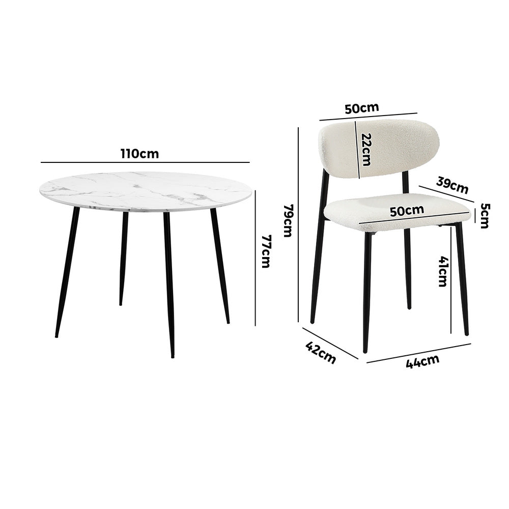 Oikiture 110cm Round Dining Table with 4x Dining Chairs Boucle Black &amp; White-Dining Set-PEROZ Accessories