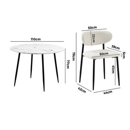 Oikiture 110cm Round Dining Table with 4x Dining Chairs Boucle Black &amp; White-Dining Set-PEROZ Accessories