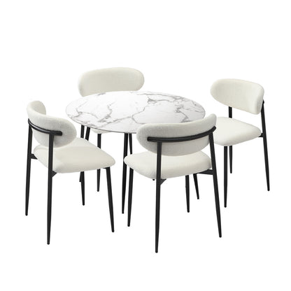 Oikiture 110cm Round Dining Table with 4x Dining Chairs Boucle Black &amp; White-Dining Set-PEROZ Accessories