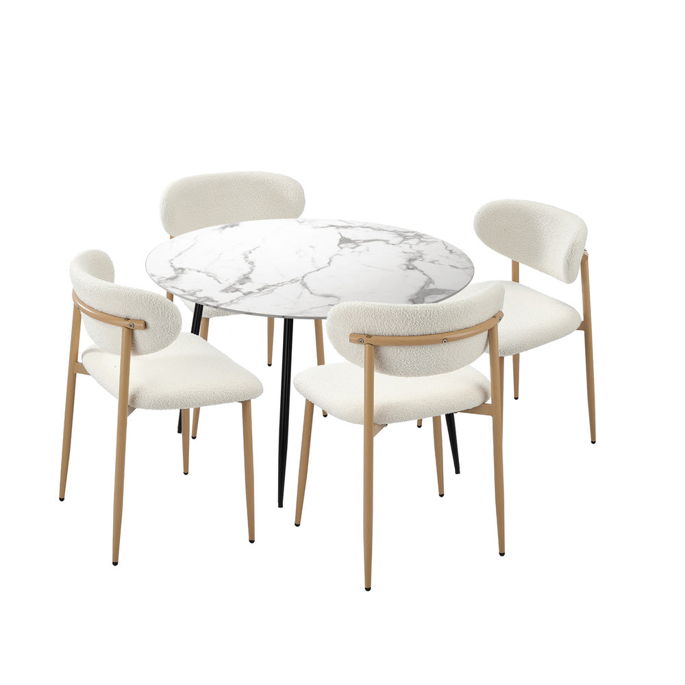 Oikiture 110cm Round Dining Table with 4x Dining Chairs Boucle White-Dining Set-PEROZ Accessories