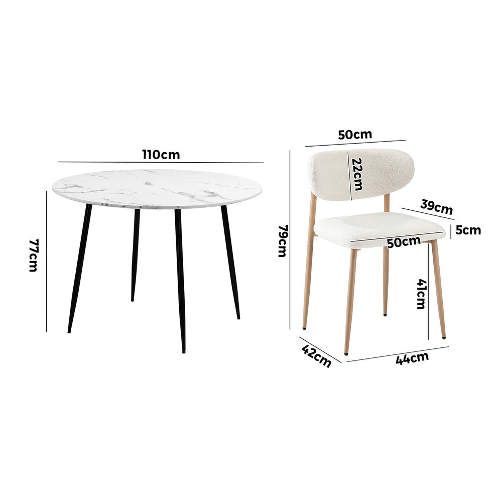 Oikiture 110cm Round Dining Table with 4x Dining Chairs Boucle White-Dining Set-PEROZ Accessories