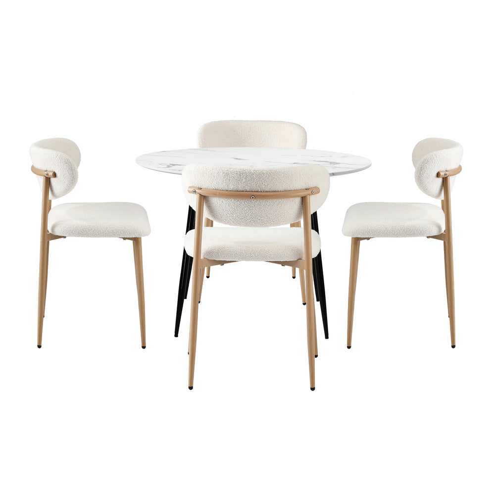 Oikiture 110cm Round Dining Table with 4x Dining Chairs Boucle White-Dining Set-PEROZ Accessories