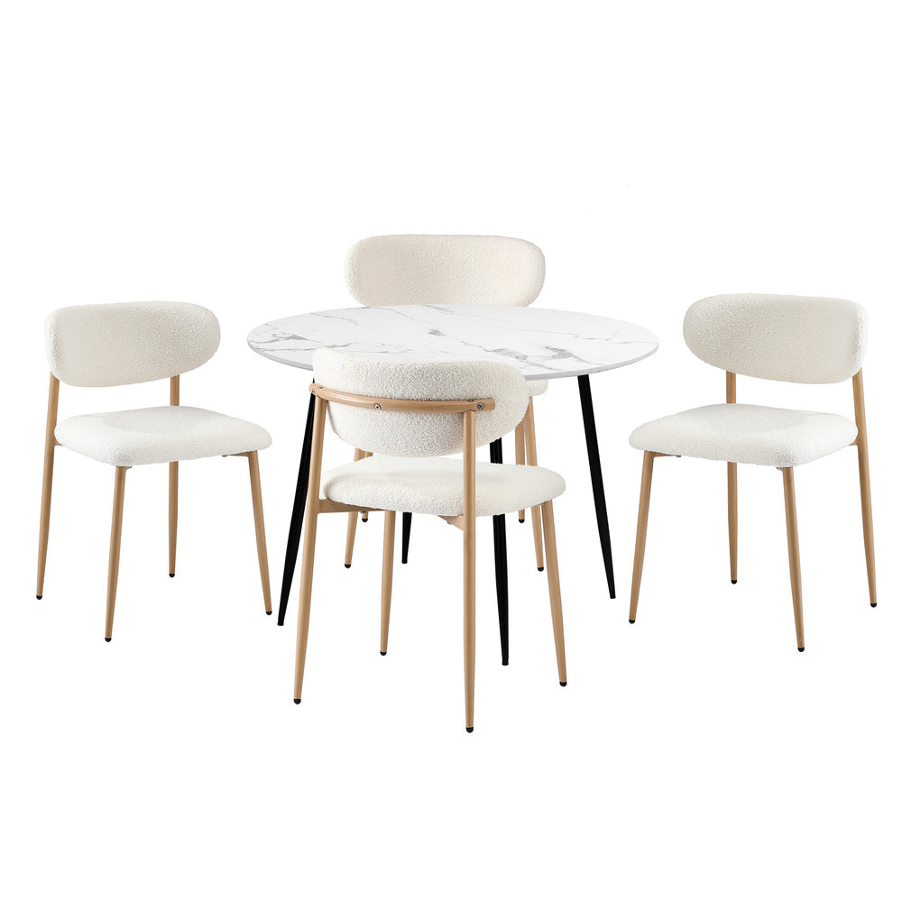 Oikiture 110cm Round Dining Table with 4x Dining Chairs Boucle White-Dining Set-PEROZ Accessories