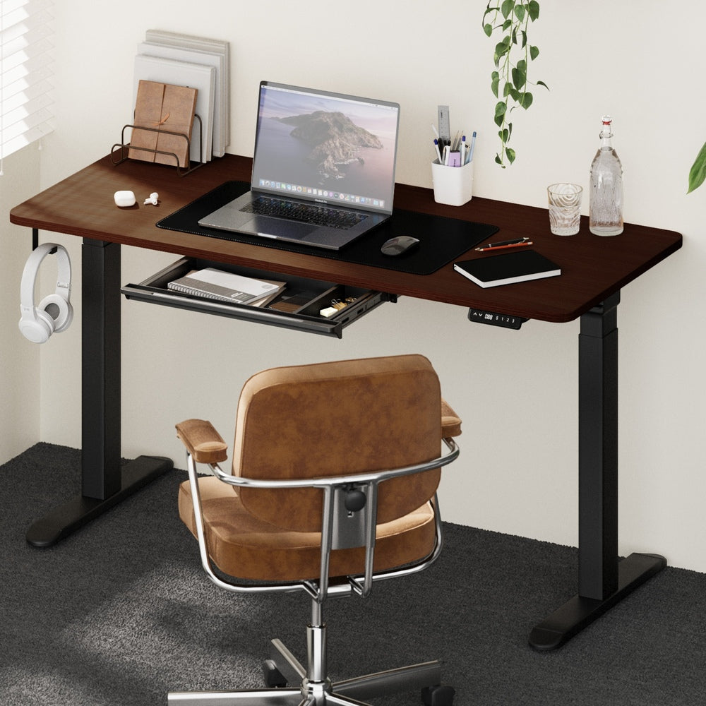 Oikiture 140cm Electric Standing Desk with Drawer Adjustable Black Walnut-Standing Desk-PEROZ Accessories