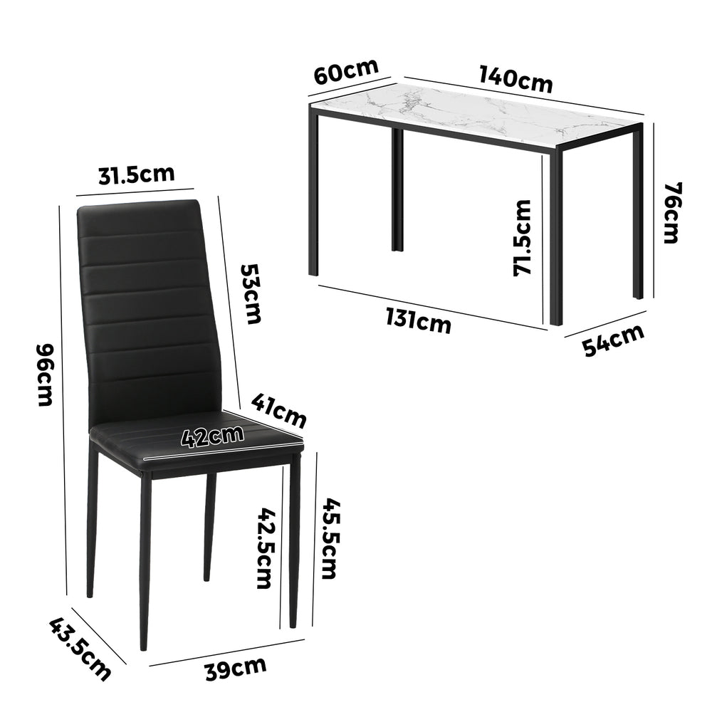 Oikiture 140cm Rectangle Dining Table with 6PCS Dining Chairs Marble White &amp; Black-Dining Set-PEROZ Accessories