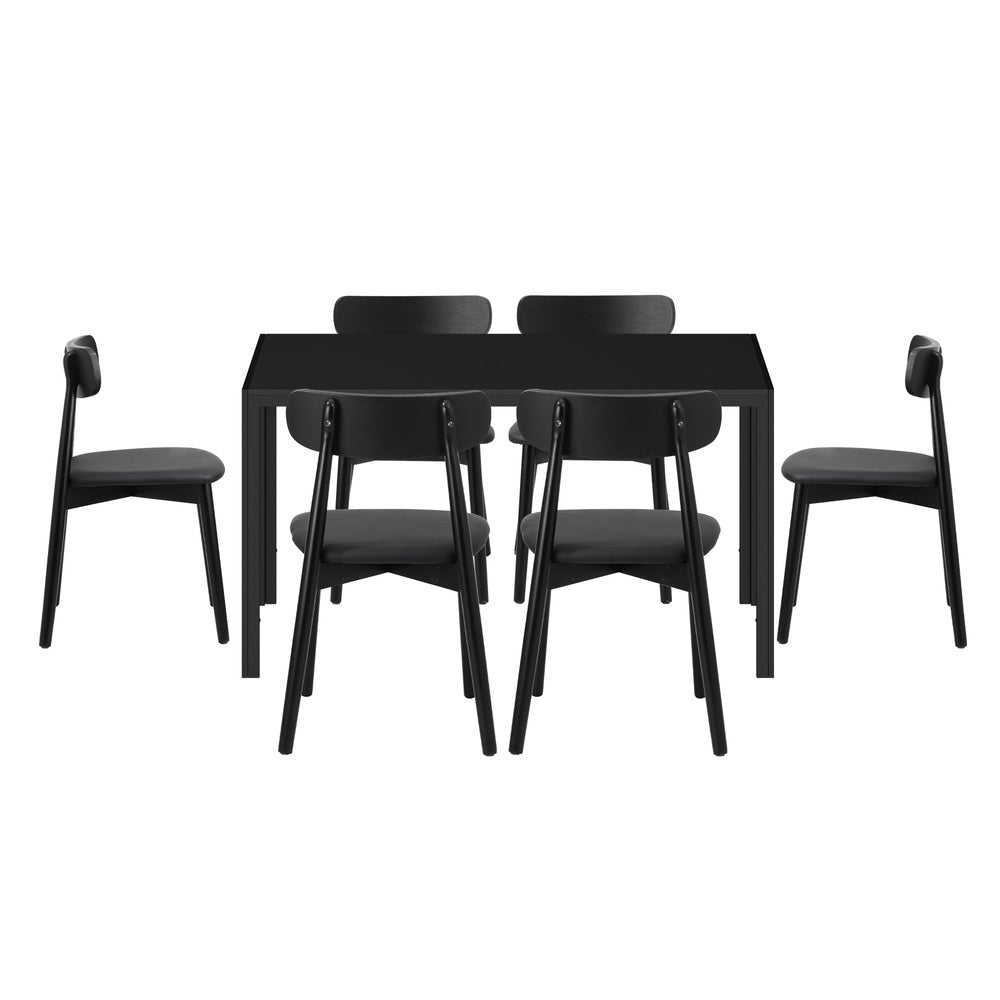 Oikiture 1.4m Dining Table with 6PCS Wooden Chairs Set PU Leather Black-Dining Set-PEROZ Accessories