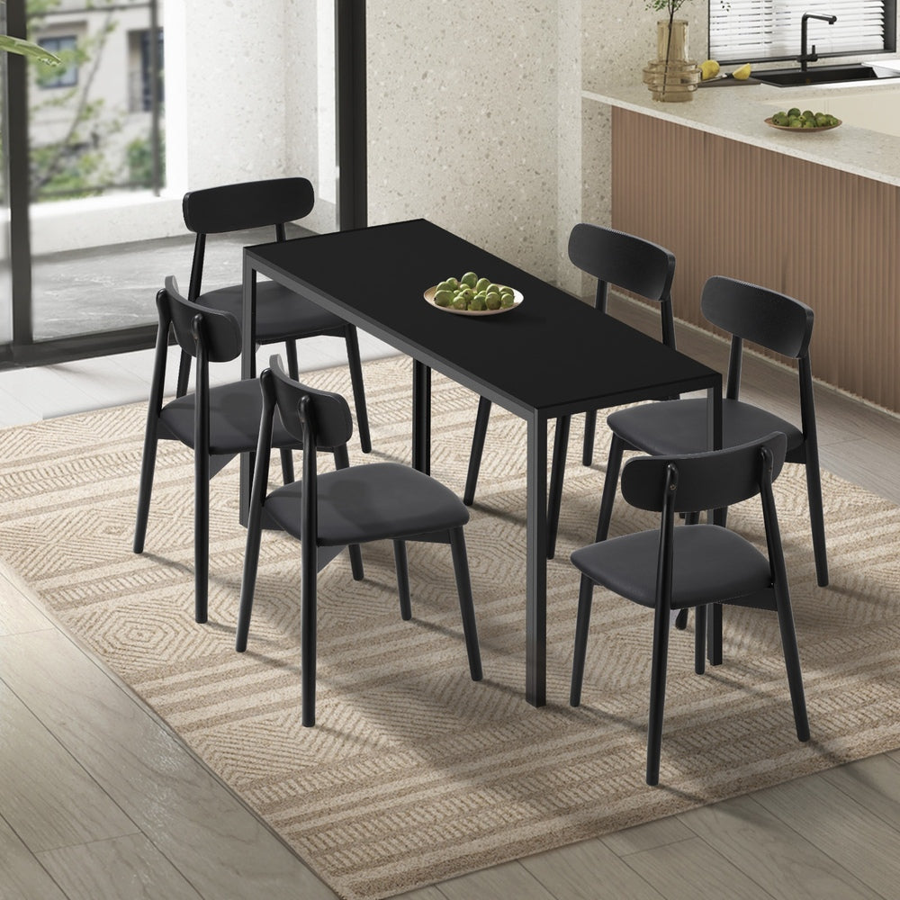 Oikiture 1.4m Dining Table with 6PCS Wooden Chairs Set PU Leather Black-Dining Set-PEROZ Accessories
