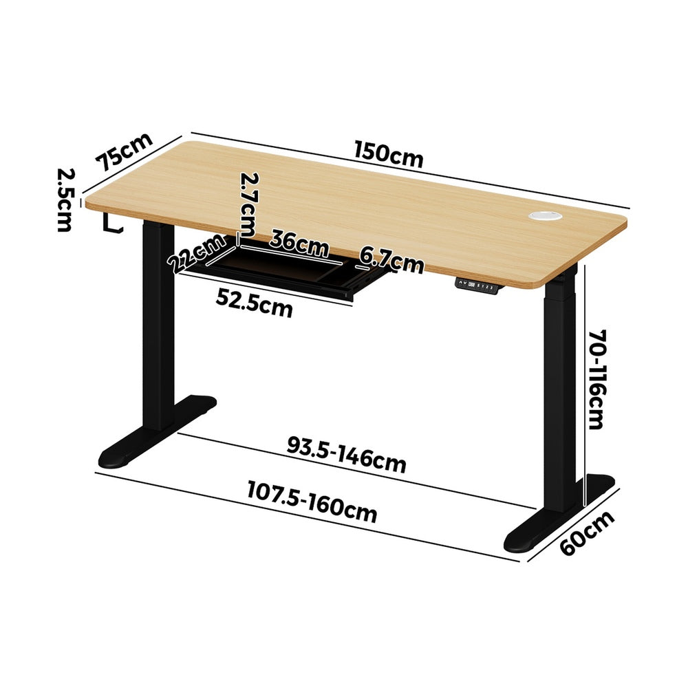 Oikiture 150cm Electric Standing Desk with Drawer Adjustable Black Oak-Standing Desk-PEROZ Accessories