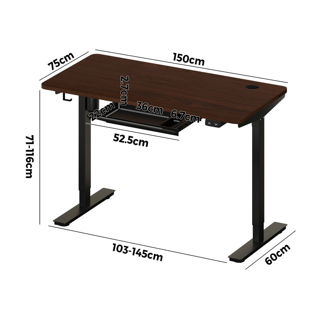Oikiture 150cm Electric Standing Desk with Drawer Adjustable Black &amp; Walnut-Standing Desk-PEROZ Accessories