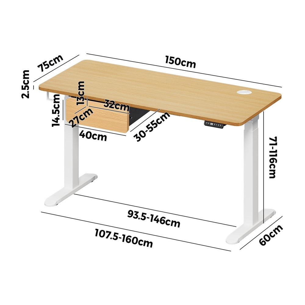 Oikiture 150cm Electric Standing Desk with Drawer Adjustable Oak White-Standing Desk-PEROZ Accessories