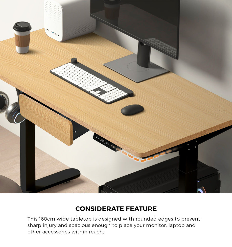Oikiture 160cm Electric Standing Desk with Drawer Adjustable Oak Black-Standing Desk-PEROZ Accessories