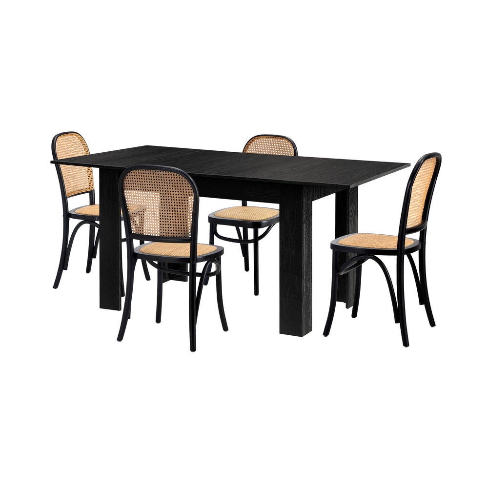 Oikiture 160cm Extendable Dining Table with 4PCS Dining Chairs Rattan Black-Dining Set-PEROZ Accessories