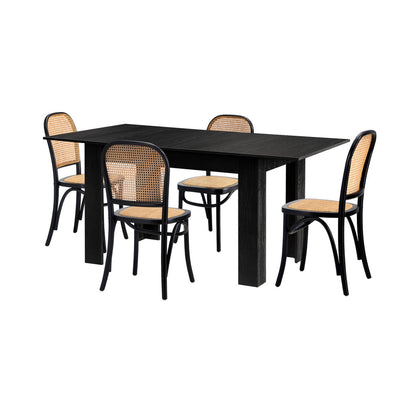 Oikiture 160cm Extendable Dining Table with 4PCS Dining Chairs Rattan Black-Dining Set-PEROZ Accessories