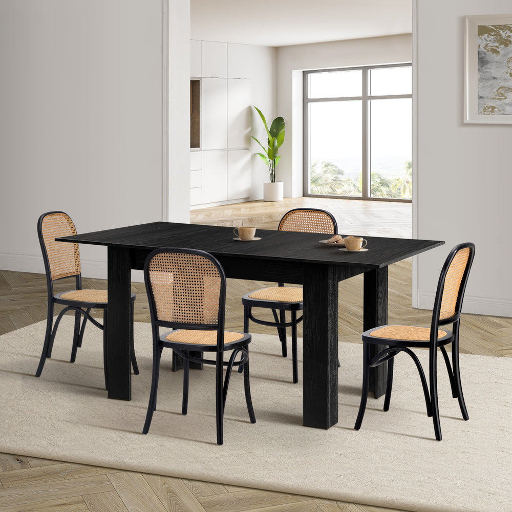 Oikiture 160cm Extendable Dining Table with 4PCS Dining Chairs Rattan Black-Dining Set-PEROZ Accessories