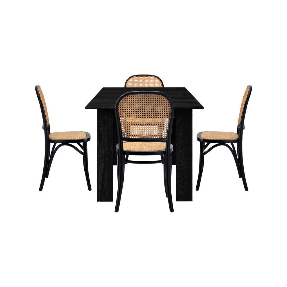 Oikiture 160cm Extendable Dining Table with 4PCS Dining Chairs Rattan Black-Dining Set-PEROZ Accessories