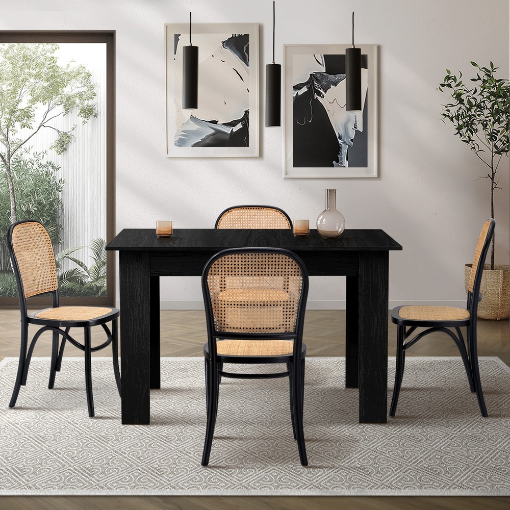 Oikiture 160cm Extendable Dining Table with 4PCS Dining Chairs Rattan Black-Dining Set-PEROZ Accessories