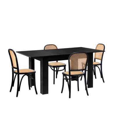 Oikiture 160cm Extendable Dining Table with 4PCS Dining Chairs Rattan Black-Dining Set-PEROZ Accessories