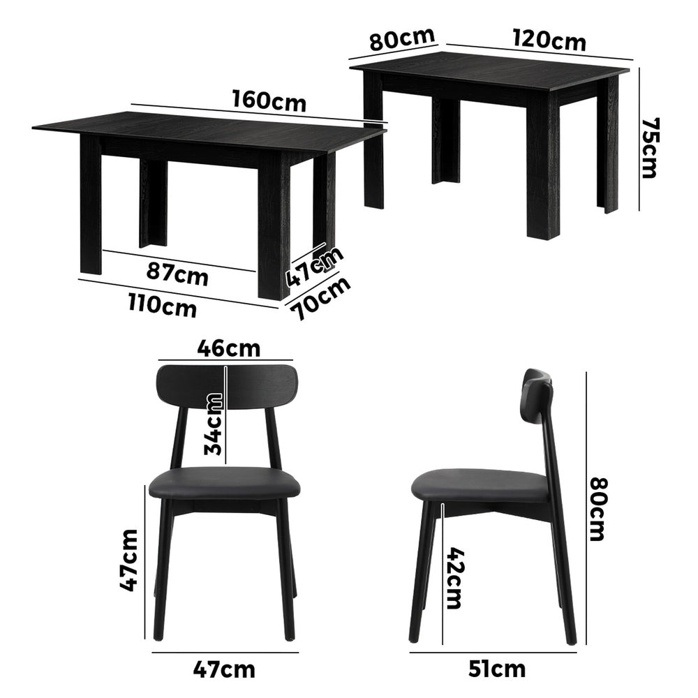 Oikiture 160cm Extendable Dining Table with 4x Dining Chairs PU Leather Black-Dining Sets-PEROZ Accessories