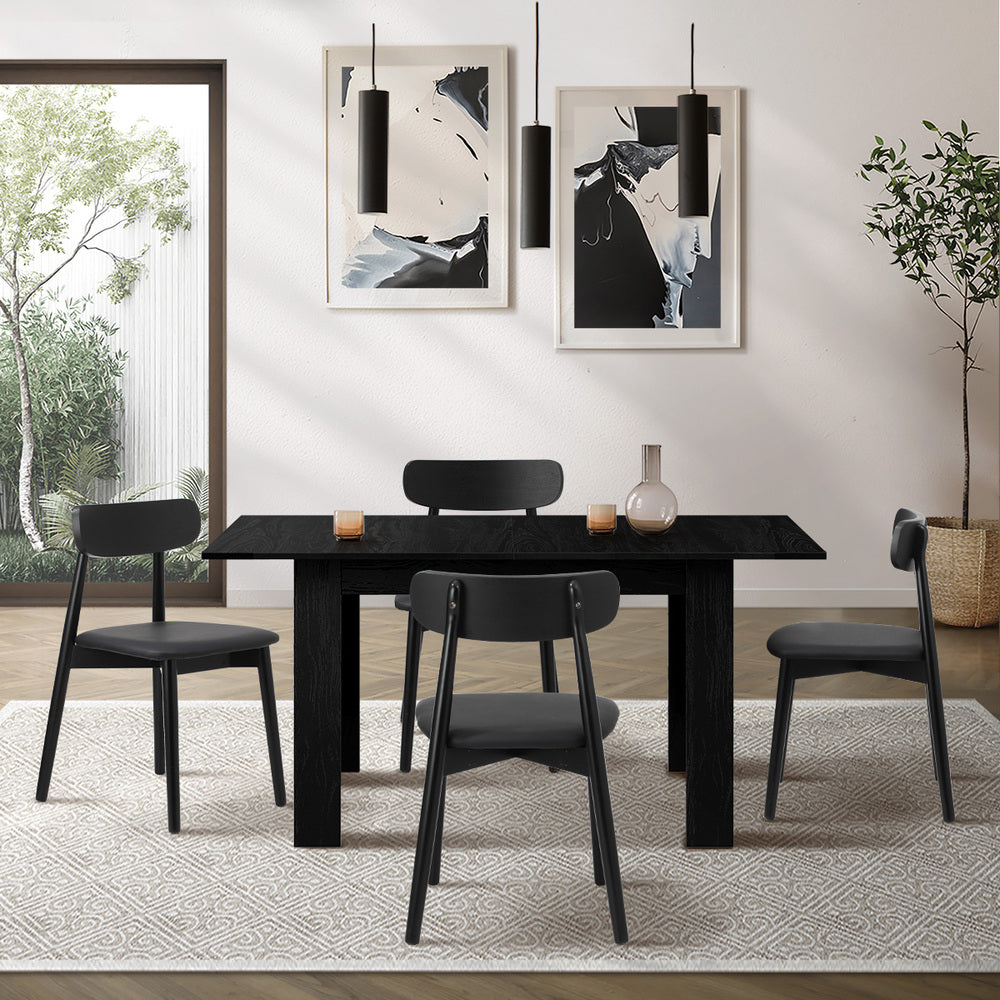 Oikiture 160cm Extendable Dining Table with 4x Dining Chairs PU Leather Black-Dining Sets-PEROZ Accessories