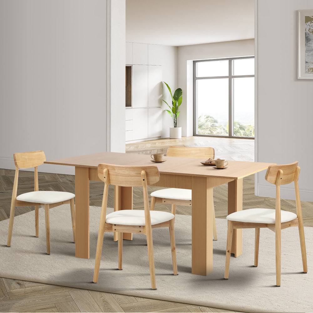 Oikiture 160cm Extendable Dining Table with 4x Dining Chairs PU Leather Natural-Dining Set-PEROZ Accessories